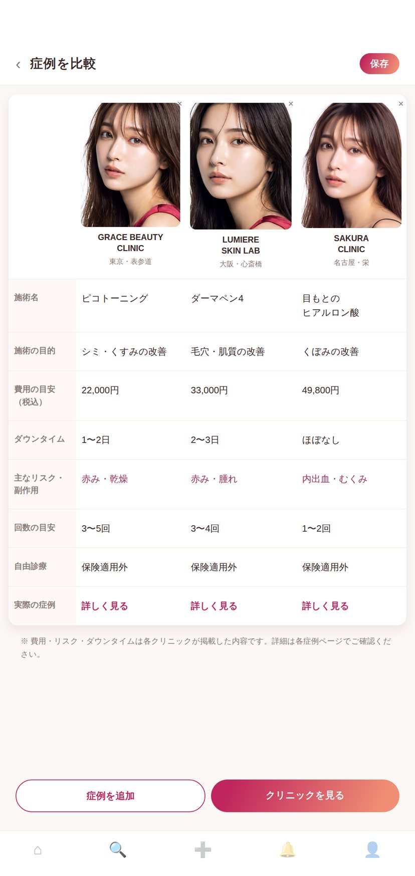 症例の施術内容・費用・リスクを比較している画面のイメージ